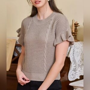 Ruffle Sleeve Tan Knit Sweater Medium - New Without Tags